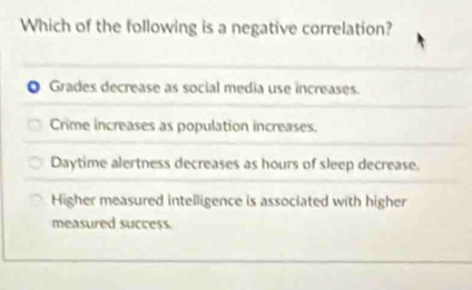 Which of the following is a negative correlation?
Grades decrease as social media use increases.
Crime increases as population increases.
Daytime alertness decreases as hours of sleep decrease.
Higher measured intelligence is associated with higher
measured success