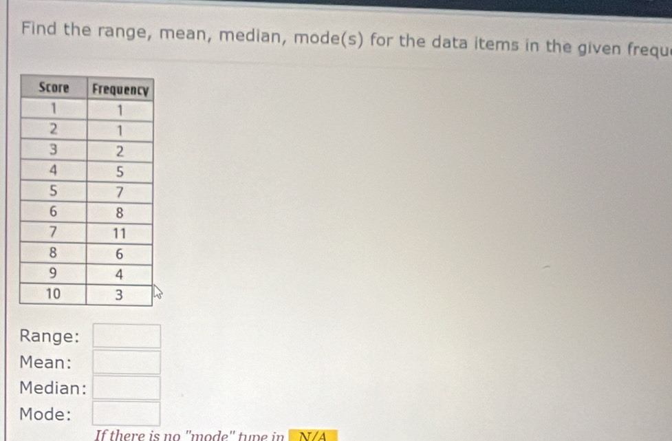 Find the range, mean, median, mode(s) for the data items in the given frequ 
Range: 
Mean: 
Median: 
Mode: 
If there is no ''mode'' tupe in N/A