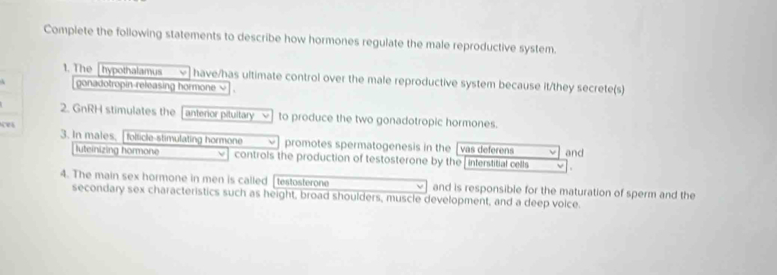 Complete the following statements to describe how hormones regulate the male reproductive system. 
1. The [hypothalamus have/has ultimate control over the male reproductive system because it/they secrete(s) 
A gonadotropin-releasing hormone √ 
2. GnRH stimulates the anterior pitultary to produce the two gonadotropic hormones. 
ces 
3. In males. follicle-stimulating hormone promotes spermatogenesis in the vas deferens and 
luteinizing hormone controls the production of testosterone by the interstitial cells 
4. The main sex hormone in men is called [testosterone and is responsible for the maturation of sperm and the 
secondary sex characteristics such as height, broad shoulders, muscle development, and a deep volce.