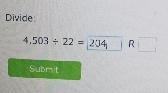 Divide:
4,503/ 22=204□ R □ 
Submit