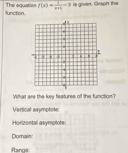 The equation f(x)= 1/x+1 -3 is given. Graph the 
function. 
What are the key features of the function? 
Vertical asymptote: 
Horizontal asymptote: 
Domain: 
Range: