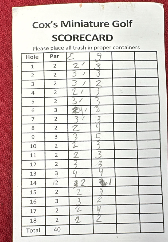 Cox's Miniature Golf 
SCORECARD