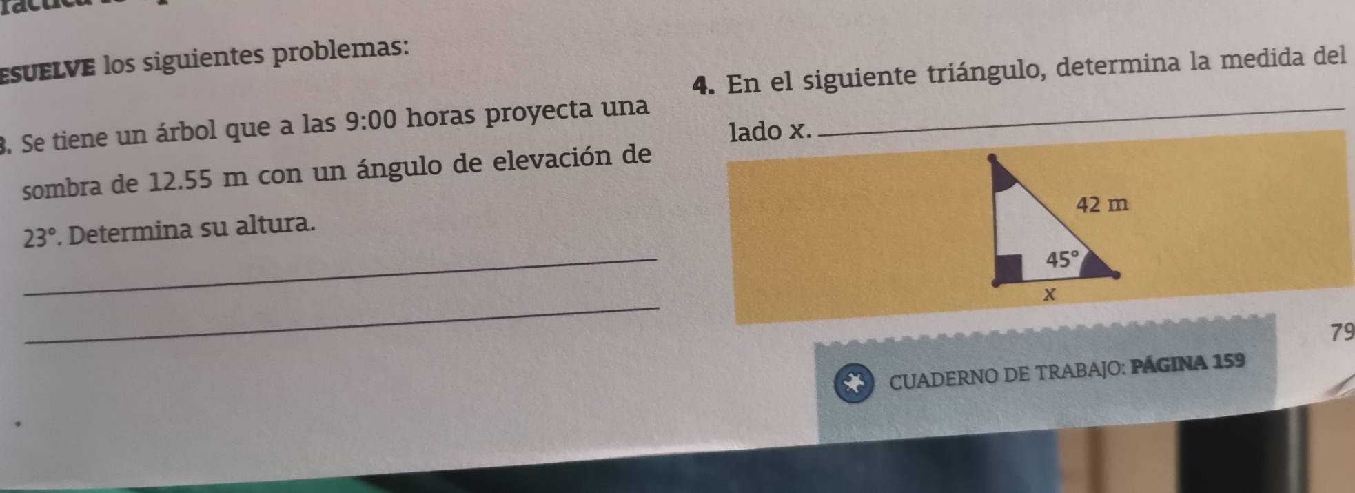 suELVE los siguientes problemas:
4. En el siguiente triángulo, determina la medida del
3. Se tiene un árbol que a las 9:00 horas proyecta una_
lado x.
sombra de 12.55 m con un ángulo de elevación de
_
23°. Determina su altura.
_
79
CUADERNO DE TRABAJO: PÁGINA 159