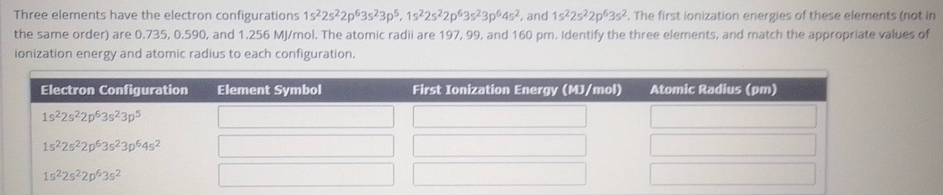 Three elements have the electron configurations 1s^22s^22p^63s^23p^5,1s^22s^22p^63s^23p^64s^2 , and 1s^22s^22p^63s^2. The first ionization energies of these elements (not in
the same order) are 0.735, 0.590, and 1.256 MJ/mol. The atomic radii are 197, 99, and 160 pm. Identify the three elements, and match the appropriate values of
ionization energy and atomic radius to each configuration.