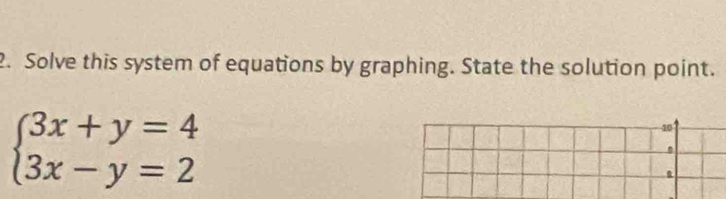 Solve this system of equations by graphing. State the solution point.
beginarrayl 3x+y=4 3x-y=2endarray.
10 
&