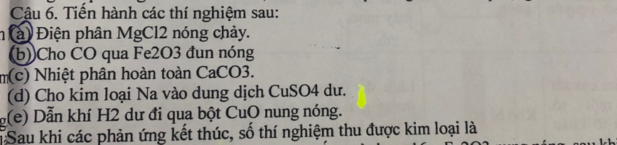 Cậu 6. Tiến hành các thí nghiệm sau: 
(à) Điện phân MgCl2 nóng chảy. 
(b))Cho CO qua Fe2O3 đun nóng 
m(c) Nhiệt phân hoàn toàn CaCO3. 
(d) Cho kim loại Na vào dung dịch CuSO4 dư. 
g(e) Dẫn khí H2 dư đi qua bột CuO nung nóng. 
Sau khi các phản ứng kết thúc, số thí nghiệm thu được kim loại là