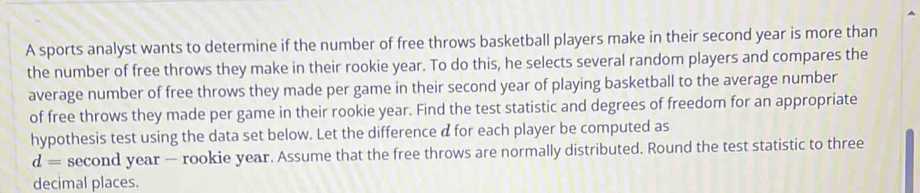 A sports analyst wants to determine if the number of free throws basketball players make in their second year is more than 
the number of free throws they make in their rookie year. To do this, he selects several random players and compares the 
average number of free throws they made per game in their second year of playing basketball to the average number 
of free throws they made per game in their rookie year. Find the test statistic and degrees of freedom for an appropriate 
hypothesis test using the data set below. Let the difference d for each player be computed as
d= second year — rookie year. Assume that the free throws are normally distributed. Round the test statistic to three 
decimal places.