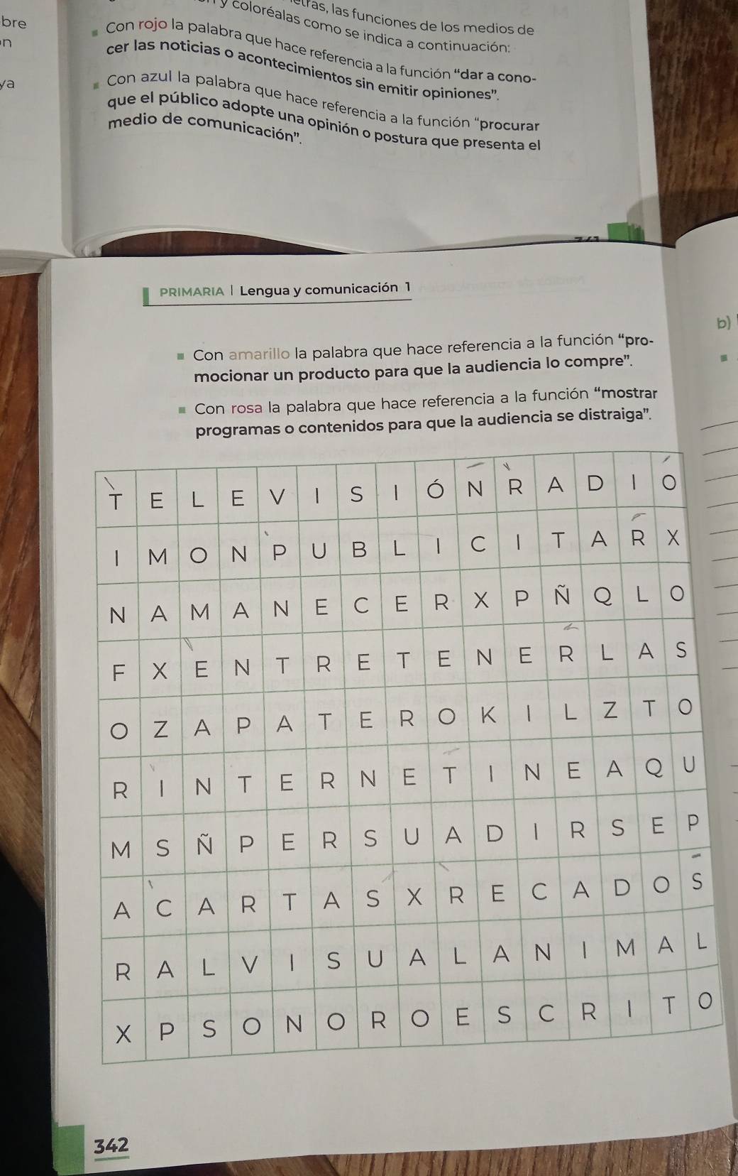 étras, las funciones de los medios de 
y coloréalas como se indica a continuación 
n 
bre Con rojo la palabra que hace referencia a la función “dar a cono- 
cer las noticias o acontecimientos sin emitir opiniones" 
/a 
Con azul la palabra que hace referencia a la función "procura 
que el público adopte una opinión o postura que presenta el 
medio de comunicación''. 
PRIMARIA |Lengua y comunicación 1 
b) 
Con amarillo la palabra que hace referencia a la función “pro- 
mocionar un producto para que la audiencia lo compre”. . 
Con rosa la palabra que hace referencia a la función “mostrar 
as o contenidos para que la audiencia se distraiga”. 
342