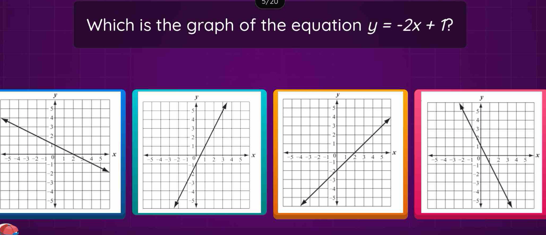 3/20 
Which is the graph of the equation y=-2x+1

-5