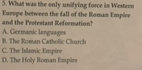 What was the only unifying force in Western
Europe between the fall of the Roman Empire
and the Protestant Reformation?
A. Germanic languages
B. The Roman Catholic Church
C. The Islamic Empire
D. The Holy Roman Empire