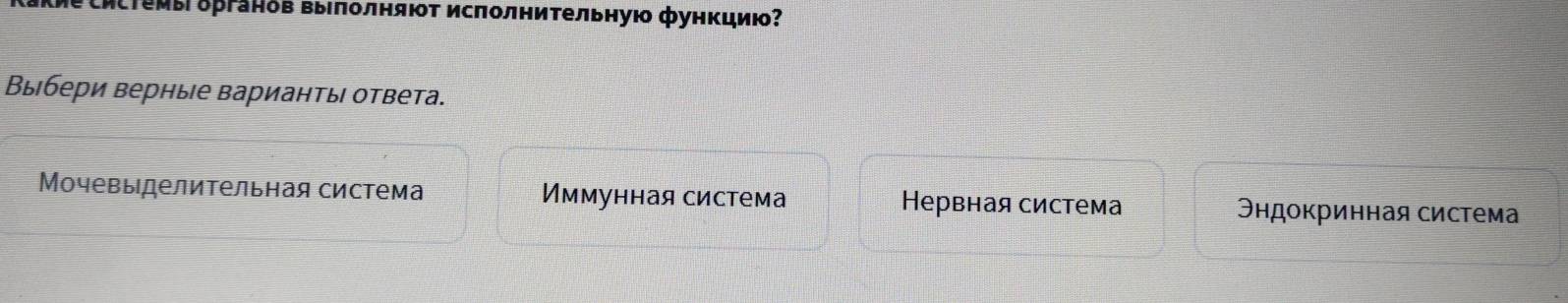 СисΤемы δрганόв ΒыΙπолняюτ исπолниτельную функцию?
Выбери верные варианты ответа.
Мочевыделительная система Иммунная система Нервная система Эндокринная система