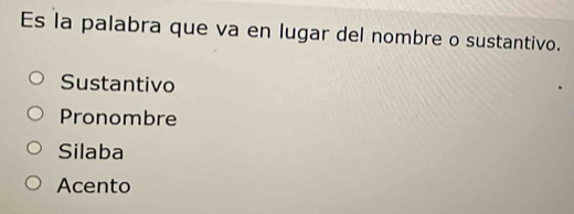 Es la palabra que va en lugar del nombre o sustantivo.
Sustantivo
Pronombre
Silaba
Acento