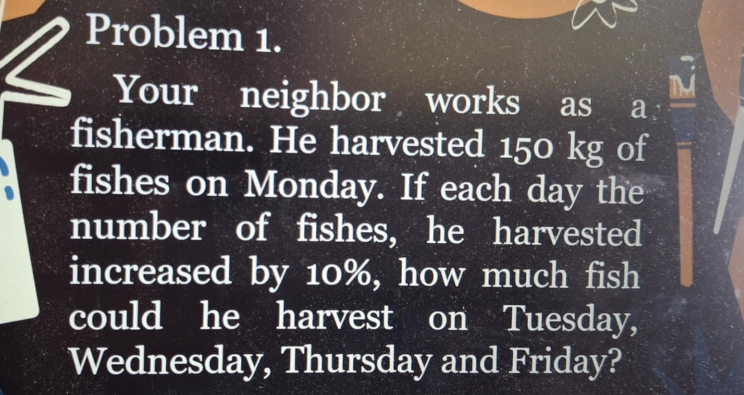 Problem 1. 
Your neighbor works as a 
fisherman. He harvested 150 kg of 
fishes on Monday. If each day the 
number of fishes, he harvested 
increased by 10%, how much fish 
could he harvest on Tuesday, 
Wednesday, Thursday and Friday?