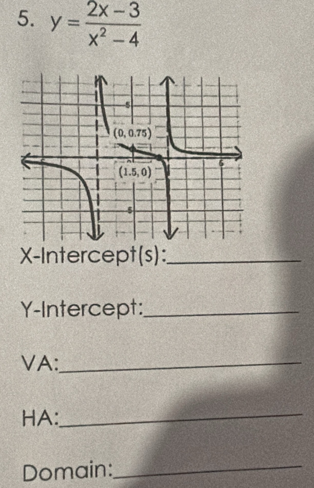 y= (2x-3)/x^2-4 
X-Intercept(s):_
Y-Intercept:_
VA:_
HA:_
Domain:_