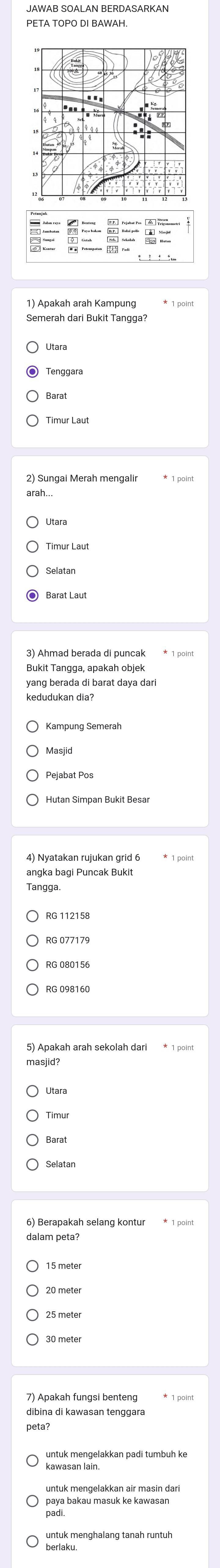 PETA TOPO DI BAWAH.
= 
Semerah dari Bukit Tangga?
2) Sungai Merah mengalir
3) Ahmad berada di puncak
Bukit Tangga, apakah objek
yang berada di barat daya dari
angka bagi Puncak Bukit
Tangga.
masjid?
Utara
15 meter
20 meter
25 meter
dibina di kawasan tenggara
peta
paya bakau masuk ke kawasan 
padi.