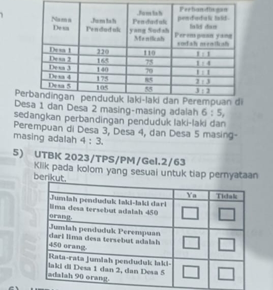 Dedan Desa 2 masing-masing adalah 6:5,
sedangkan perbandingan penduduk laki-laki dan
Perempuan di Desa 3, Desa 4, dan Desa 5 masing-
masing adalah 4:3.
5) UTBK 2023/TPS/PM/Gel.2/63
Klik pada kolom yang sesuai untuk tiap pernyataan
berik