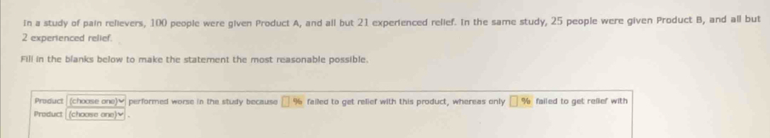 In a study of pain relievers, 100 people were given Product A, and all but 21 experienced relief. In the same study, 25 people were given Product B, and all but
2 experienced relief. 
Fill in the blanks below to make the statement the most reasonable possible. 
Product (choose one)♥ performed worse in the study because □ % failed to get relief with this product, whereas only □ % failed to get relief with 
Product (choose one)♥ .