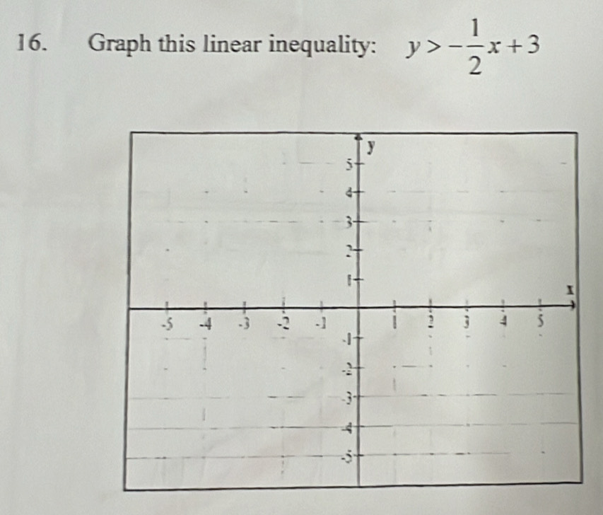 Graph this linear inequality: y>- 1/2 x+3