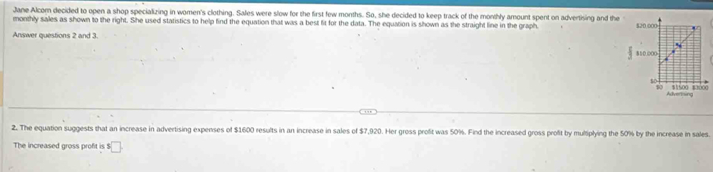 Jane Alcorn decided to open a shop specializing in women's clothing. Sales were slow for the first few months. So, she decided to keep track of the monthly amount spent on advertising and the 
monthly sales as shown to the right. She used statistics to help find the equation that was a best fit for the data. The equation is shown as the straight line in the graph. 
Answer questions 2 and 3
 2/3 
0 
Advertning 
2. The equation suggests that an increase in advertising expenses of $1600 results in an increase in sales of $7,920. Her gross profit was 50%. Find the increased gross profit by multiplying the 50% by the increase in sales 
The increased gross profit is $ :□