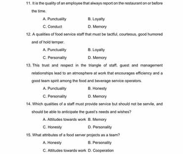 It is the quality of an employee that always report on the restaurant on or before
the time.
A. Punctuality B. Loyalty
C. Conduct D. Memory
12. A qualities of food service staff that must be tactful, courteous, good humored
and of hold temper.
A. Punctuality B. Loyalty
C. Personality D. Memory
13. This trust and respect in the triangle of staff, guest and management
relationships lead to an atmosphere at work that encourages efficiency and a
good team spirit among the food and beverage service operators.
A. Punctuality B. Honesty
C. Personality D. Memory
14. Which qualities of a staff must provide service but should not be servile, and
should be able to anticipate the guest's needs and wishes?
A. Attitudes towards work B. Memory
C. Honesty D. Personality
15. What attributes of a food server projects as a team?
A. Honesty B. Personality
C. Attitudes towards work D. Cooperation