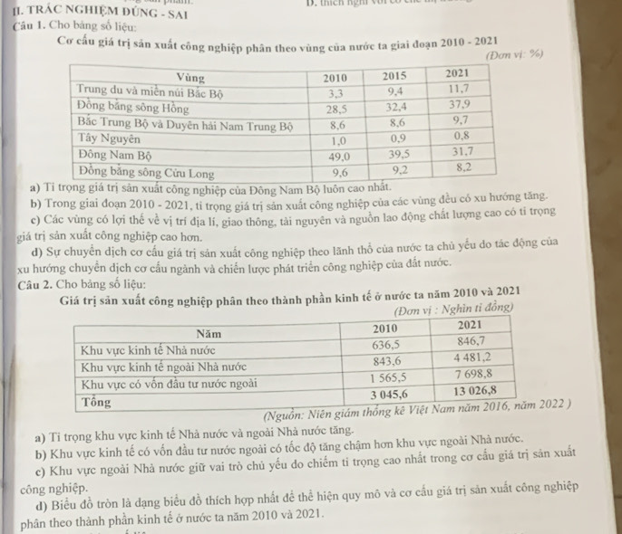 thích nghi với 
II. TRÁC NGHIỆM ĐÚNG - SAI 
Câu 1. Cho bảng số liệu: 
Cơ cấu giá trị sản xuất công nghiệp phân theo vùng của nước ta giai đoạn 2010 - 2021 
(Đơn vị: %) 
a) Tỉ trọng giá trị sản xuất công nghiệp của Đông Nam Bộ luôn c 
b) Trong giai đoạn 2010 - 2021, tỉ trọng giá trị sản xuất công nghiệp của các vùng đều có xu hướng tăng. 
c) Các vùng có lợi thế về vị trí địa lí, giao thông, tài nguyên và nguồn lao động chất lượng cao có tỉ trọng 
giá trị sản xuất công nghiệp cao hơn. 
d) Sự chuyển dịch cơ cấu giá trị sản xuất công nghiệp theo lãnh thổ của nước ta chủ yếu do tác động của 
xu hướng chuyển dịch cơ cấu ngành và chiến lược phát triển công nghiệp của đất nước. 
Câu 2. Cho bảng số liệu: 
Giá trị sản xuất công nghiệp phân theo thành phần kinh tế ở nước ta năm 2010 và 2021 
vị : Nghìn tỉ đồng) 
(Ng22 ) 
a) Tỉ trọng khu vực kinh tế Nhà nước và ngoài Nhà nước tăng. 
b) Khu vực kinh tế có vốn đầu tư nước ngoài có tốc độ tăng chậm hơn khu vực ngoài Nhà nước. 
c) Khu vực ngoài Nhà nước giữ vai trò chủ yếu do chiếm tỉ trọng cao nhất trong cơ cấu giá trị sản xuất 
công nghiệp. 
d) Biểu đồ tròn là dạng biểu đồ thích hợp nhất để thể hiện quy mô và cơ cấu giá trị săn xuất công nghiệp 
phân theo thành phần kinh tế ở nước ta năm 2010 và 2021.