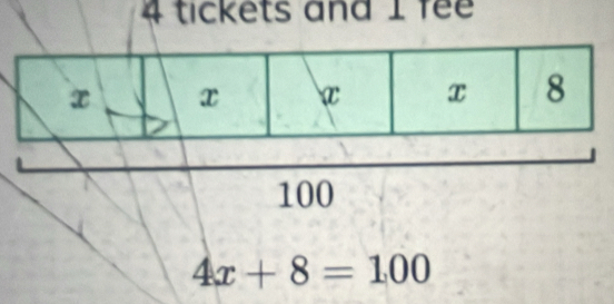 4 tickets and 1 fee
100
4x+8=100