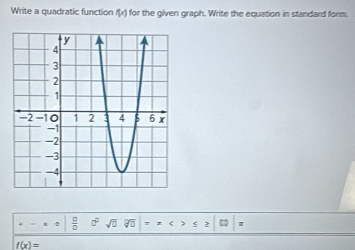 Write a quadratic function f(x) for the given graph. Write the equation in standard form. 
÷  □ /□   □^(□) sqrt(□ )
f(x)=