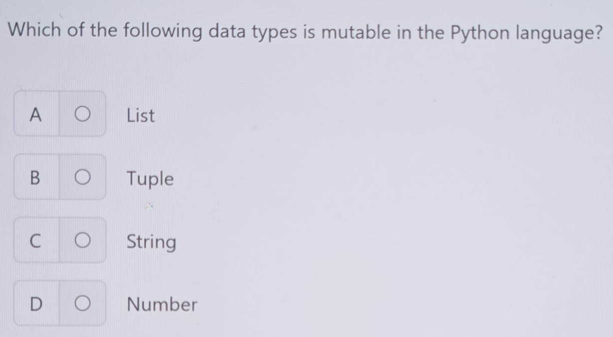 Solved: Which of the following data types is mutable in the Python ...