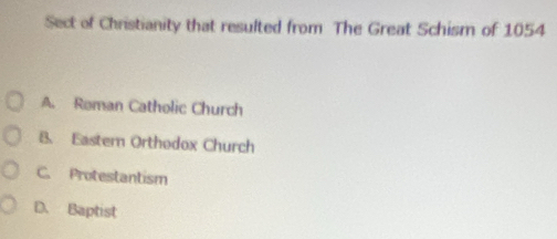 Sect of Christianity that resulted from The Great Schism of 1054
A. Roman Catholic Church
B. Eastern Orthodox Church
C. Protestantism
D. Baptist