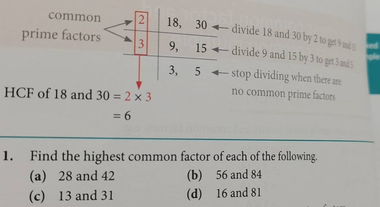 commondivide 18 and 30 by 2 to get 9 and 15
prime factor
divide 9 and 15 by 3 to get 3 and 5
ple
stop dividing when there are
HCF of 18 and 30=2* 3
no common prime factors
=6
1. Find the highest common factor of each of the following.
(a) 28 and 42 (b) 56 and 84
(c) 13 and 31 (d) 16 and 81