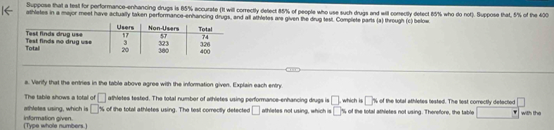 Suppose that a test for performance-enhancing drugs is 85% accurate (It will correctly detect 85% of people who use such drugs and will correctly detect 85% who do not). Suppose that, 5% of the 400
athletes in a major meet have actually taken performance-enhancing drugs, and all athletes are given the drug test. Complete parts (a) through (c) below 
a. Verify that the entries in the table above agree with the information given. Explain each entry. 
The table shows a total of □ athletes tested. The total number of athletes using performance-enhancing drugs is □. which is □ * of the total athletes tested. The test correctly detected □
athletes using, which is □ % of the total athletes using. The test correctly detected □ athletes not using, which is □ % of the total athletes not using. Therefore, the table _  
information given. with the 
(Type whole numbers.)