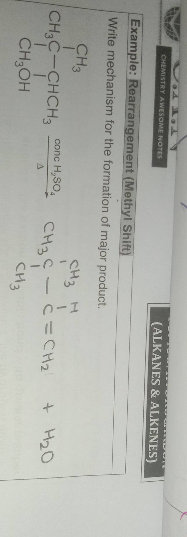 CHEMISTRY AWESOME NOTES 
(ALKANES & ALKENES) 
Example: Rearrangement (Methyl Shift) 
Write mechanism for the formation of major product. 
CH_3C-CHCH_3frac cot -CHCH_frac cos ecHC2△ 