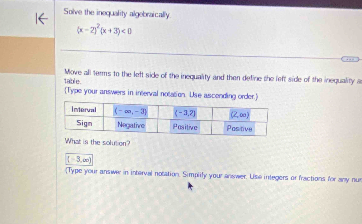 Solve the inequality algebraically.
(x-2)^2(x+3)<0</tex>
Move all terms to the left side of the inequality and then define the left side of the inequality a
table.
(Type your answers in interval notation. Use ascending order.)
What is the solution?
(-3,∈fty )
(Type your answer in interval notation. Simplify your answer. Use integers or fractions for any nur