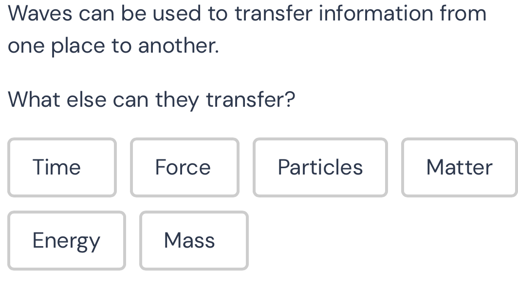 Waves can be used to transfer information from
one place to another.
What else can they transfer?
Time Force Particles Matter
Energy Mass