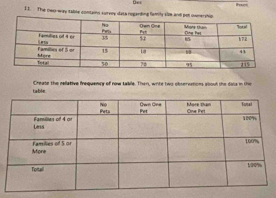 Daté Perou 
11 The two-way tabie contains survey data regarding family size and pet 
Create the relative frequency of row table. Then, write two observations about the data in the 
table