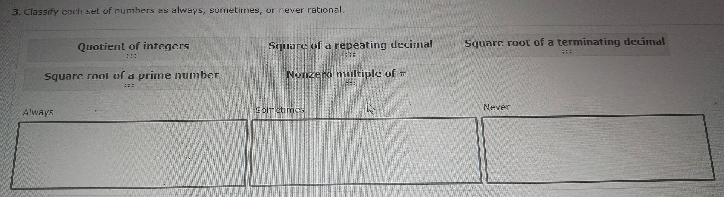 Classify each set of numbers as always, sometimes, or never rational. 
Quotient of integers Square of a repeating decimal Square root of a terminating decimal 
::: 
: : : 
Square root of a prime number Nonzero multiple of π
: : : 
Always Sometimes 
Never