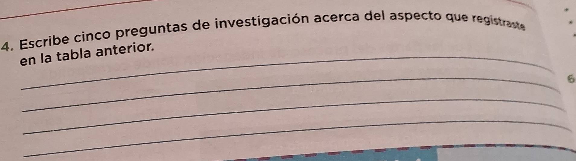 Escribe cinco preguntas de investigación acerca del aspecto que registraste 
en la tabla anterior. 
_6 
_ 
_