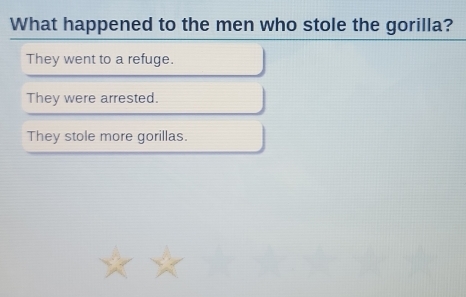 What happened to the men who stole the gorilla?
They went to a refuge.
They were arrested.
They stole more gorillas.