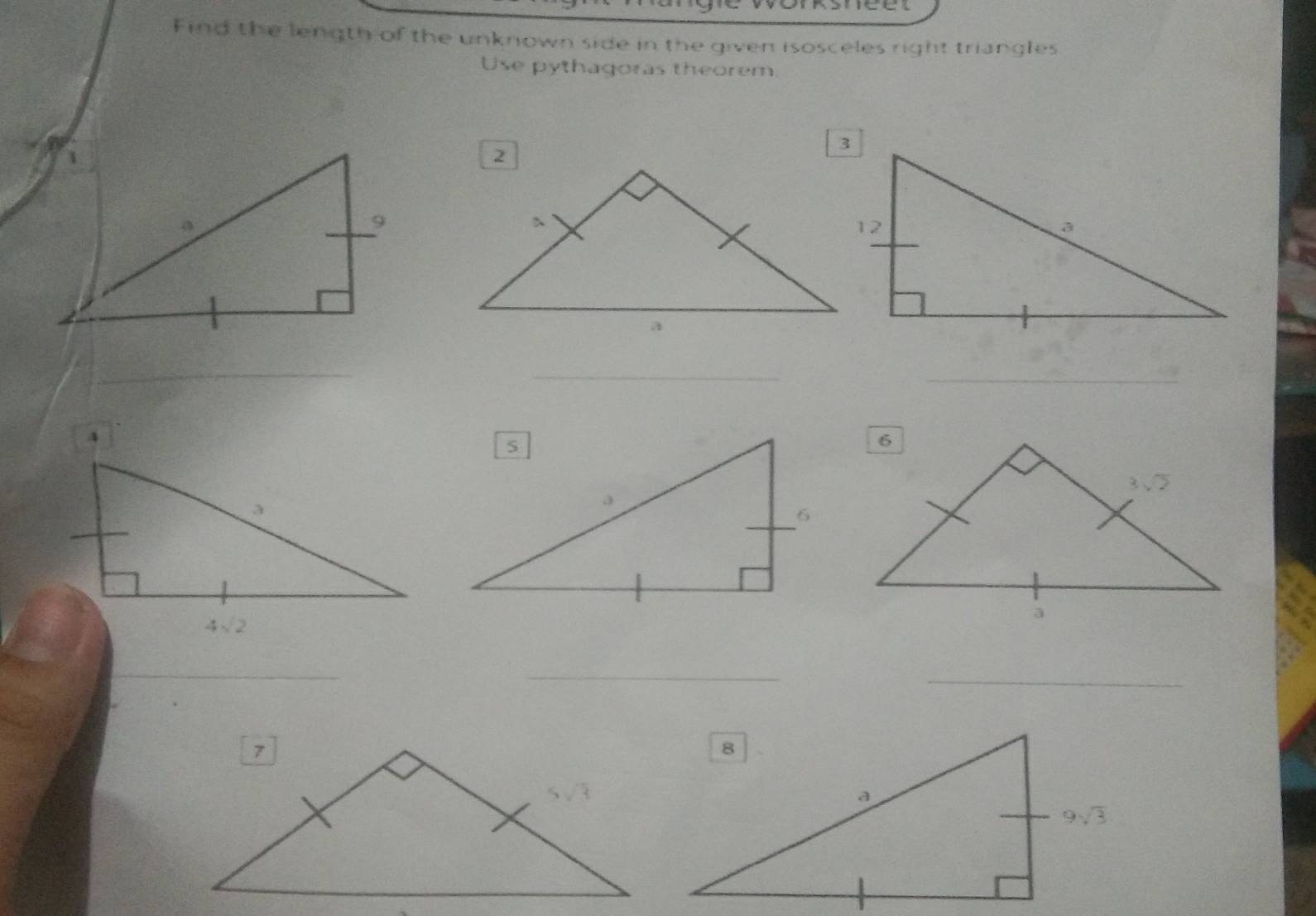 neer
Find the length of the unknown side in the given isosceles right triangles
Use pythagoras theorem
_
_
_
_
_
_
_