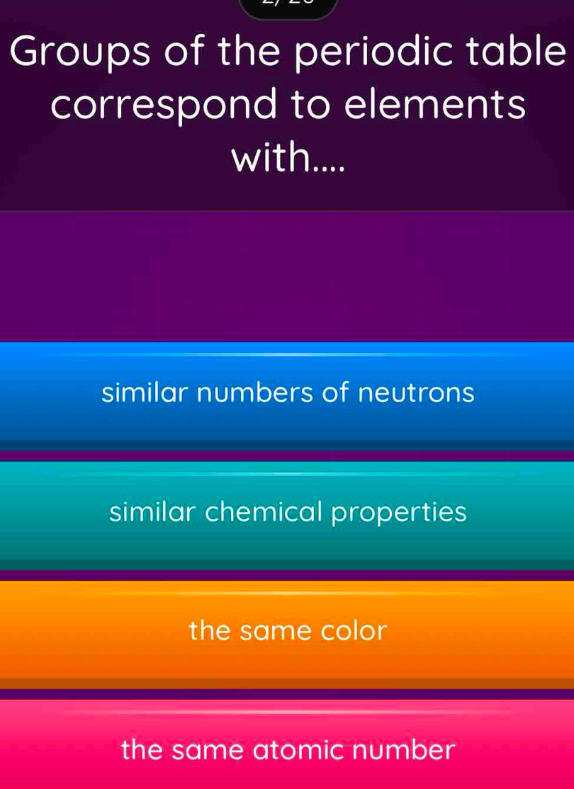 Groups of the periodic table
correspond to elements
with....
similar numbers of neutrons
similar chemical properties
the same color
the same atomic number