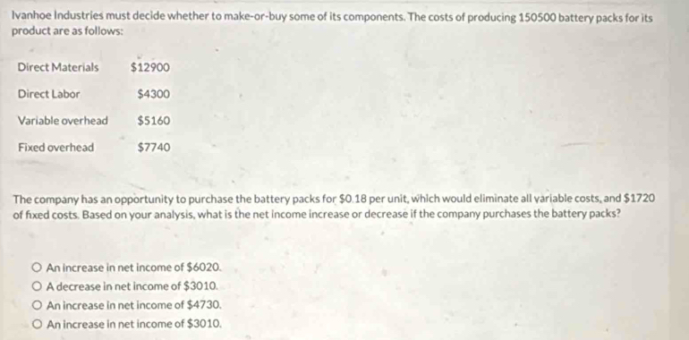 Ivanhoe Industries must decide whether to make-or-buy some of its components. The costs of producing 150500 battery packs for its
product are as follows:
Direct Materials $12900
Direct Labor $4300
Variable overhead $5160
Fixed overhead $7740
The company has an opportunity to purchase the battery packs for $0.18 per unit, which would eliminate all variable costs, and $1720
of fixed costs. Based on your analysis, what is the net income increase or decrease if the company purchases the battery packs?
An increase in net income of $6020.
A decrease in net income of $3010.
An increase in net income of $4730.
An increase in net income of $3010.