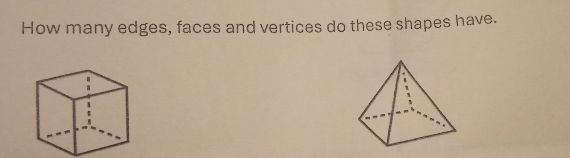 How many edges, faces and vertices do these shapes have.