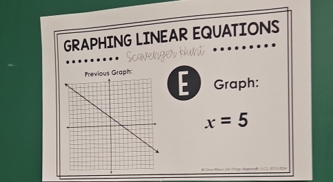 GRAPHING LINEAR EQUATIONS 
Scavenger Hunt 
Previous Graph: 
E Graph:
x=5
Go M N hna Aacd