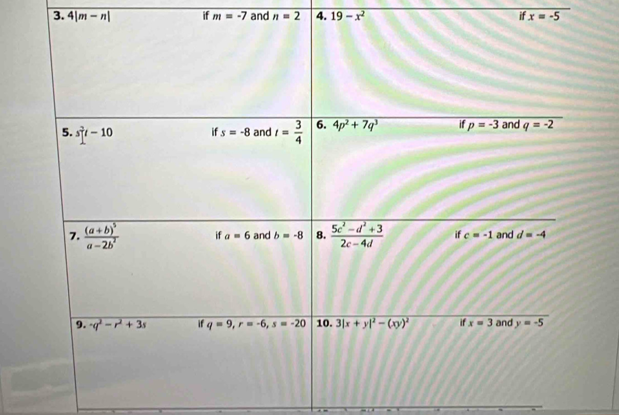 4|m-n| if m=-7 and n=2 4. 19-x^2 if x=-5