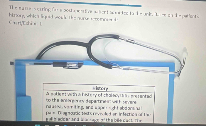 The nurse is caring for a postoperative patient admitted to the unit. Based on the patient's 
history, which liquid would the nurse recommend? 
Chart/Exhibit 1 
History 
A patient with a history of cholecystitis presented 
to the emergency department with severe 
nausea, vomiting, and upper right abdominal 
pain. Diagnostic tests revealed an infection of the 
gallbladder and blockage of the bile duct. The