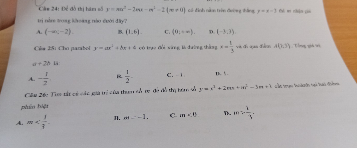 Đề đồ thị hàm số y=mx^2-2mx-m^2-2(m!= 0) có đinh nằm trên đường thắng y=x-3 thì m nhận giá
trị nằm trong khoảng nào dưới đây?
B.
A. (-∈fty ;-2). (1;6). C. (0;+∈fty ). D. (-3;3). 
Câu 25: Cho parabol y=ax^2+bx+4 có trục đối xứng là đường thẳng x= 1/3  và đi qua điểm A(1;3). Tổng giá trị
a+2b là:
C. -1.
A. - 1/2 .  1/2 . D. 1.
B.
Câu 26: Tìm tất cả các giá trị của tham số m đề đồ thị hàm số y=x^2+2mx+m^2-3m+1 cất trục hoành tại hai điểm
phân biệt
A. m .
B. m=-1. C. m<0</tex>. D. m> 1/3 .