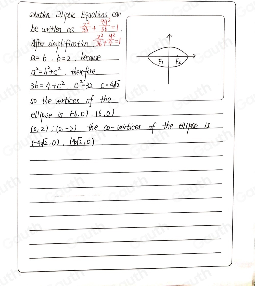 solution : Elliptic Equations can 
be written as _  x^2/36 + 9y^2/36 =1
After simplification frac x^2._ y^2=1
_ a=6,b=2 because
F_1 F_2
a^2=b^2+c^2 , therefore
3b=4+c^2, c^2=32c=4sqrt(2)
so the vertices of the 
ellipse is (-6,0), (6,0)
(0,2), (0,-2) the co-vertices of the ellipse is
(-4sqrt(2),0),(4sqrt(2),0)