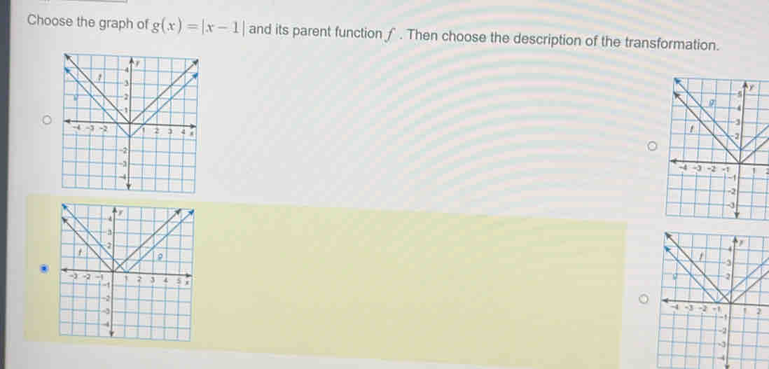 Choose the graph of g(x)=|x-1| and its parent function ƒ. Then choose the description of the transformation.