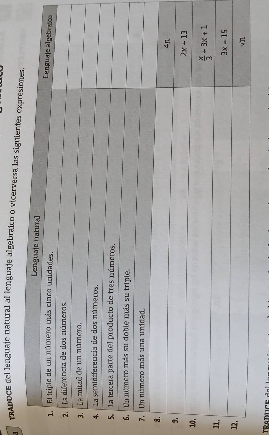 a   TRADUCE del lenguaje natural al lenguaje algebraico o vicerversa las
9
10
11
12