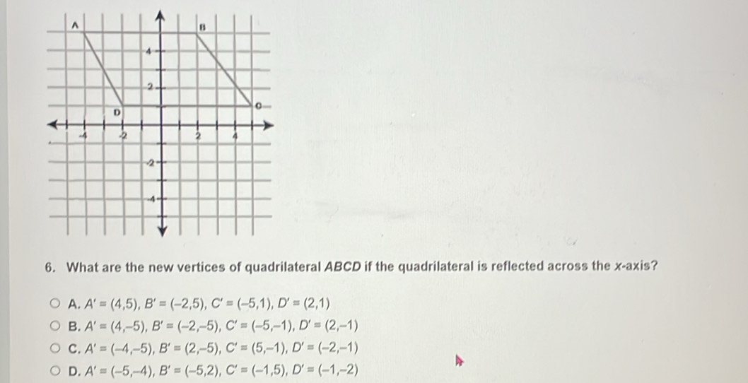 What are the new vertices of quadrilateral ABCD if the quadrilateral is reflected across the x-axis?
A. A'=(4,5), B'=(-2,5), C'=(-5,1), D'=(2,1)
B. A'=(4,-5), B'=(-2,-5), C'=(-5,-1), D'=(2,-1)
C. A'=(-4,-5), B'=(2,-5), C'=(5,-1), D'=(-2,-1)
D. A'=(-5,-4), B'=(-5,2), C'=(-1,5), D'=(-1,-2)